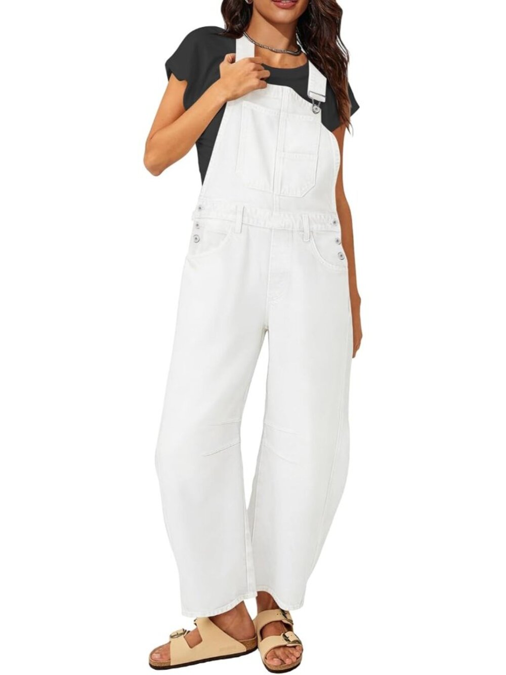 Women's White Barrel Overalls Denim Jumpsuits Loose Casual Jeans Bib Rompers